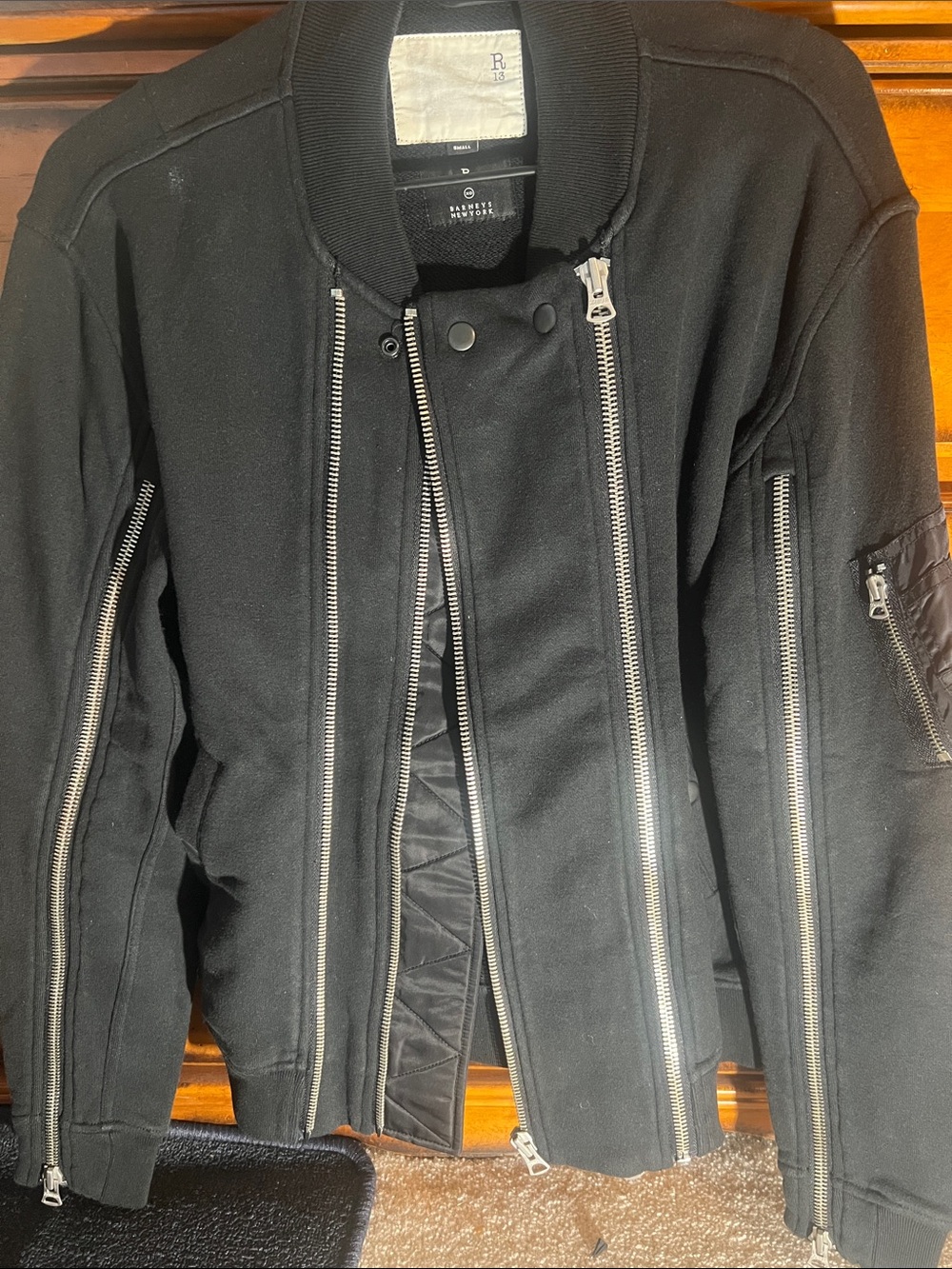 R13 Black Men's Bomber Jacket with Exposed Silver Zippers